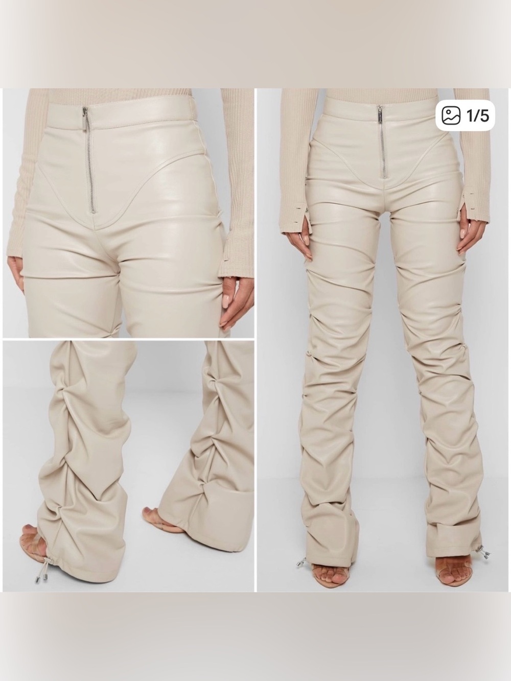 Maniere De Voir Tacked Vegan Leather Beige Cream Pants Size 8 - Picture 4 of 11